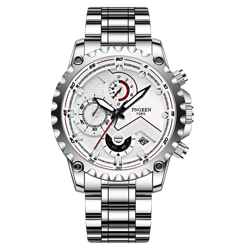 Men's waterproof stainless steel sports watch by R&G Boutique with a sleek black dial and durable metal band.