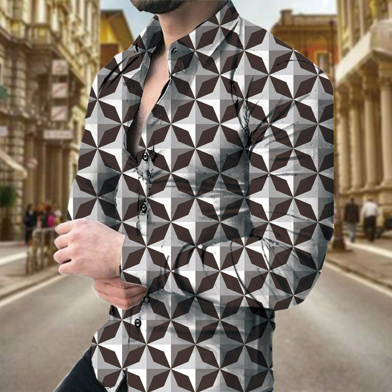Men's long sleeve shirt with geometric print from R&G Boutique, featuring a modern and stylish design.
