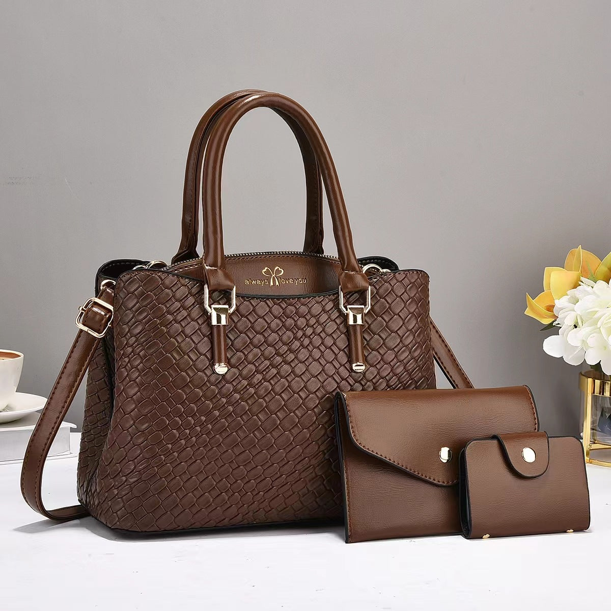Woven texture three-piece set of large capacity one-shoulder bags by R&G Boutique, featuring stylish and functional design.