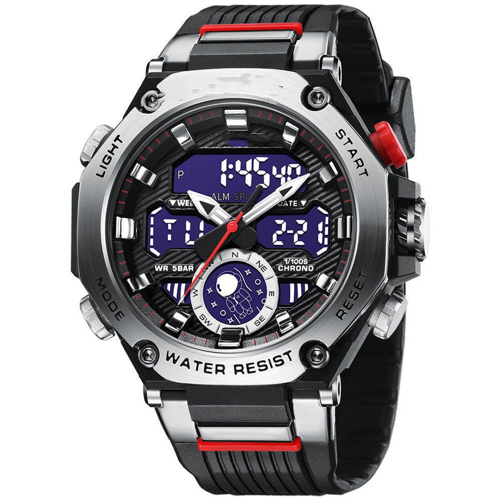 Men's casual alloy multifunctional watch with black strap and silver dial from R&G Boutique, featuring date and chronograph functions.