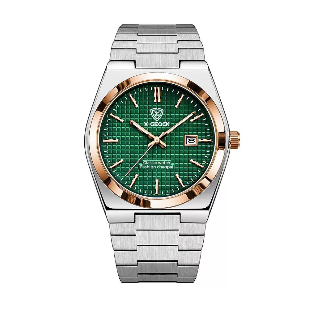 R&G Boutique men's quartz Swiss watch with butterfly clasp, featuring a sleek round dial and stainless steel band.
