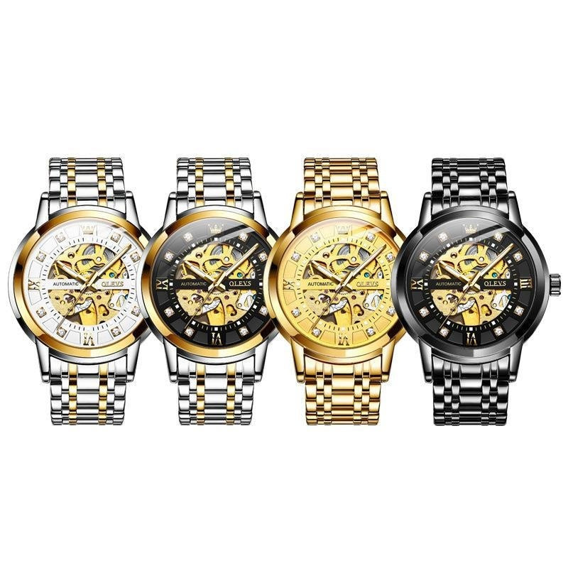 Men's automatic mechanical hollowing watch by R&G Boutique featuring a sleek design and open-worked dial with stainless steel strap.