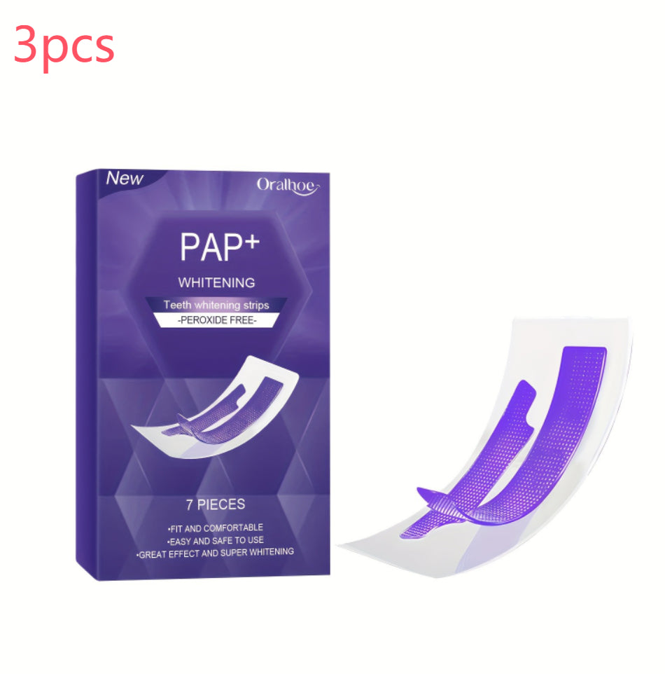 R&G Boutique whitening teeth strips in purple, dry-application mouth care product showing strips ready for use on teeth.