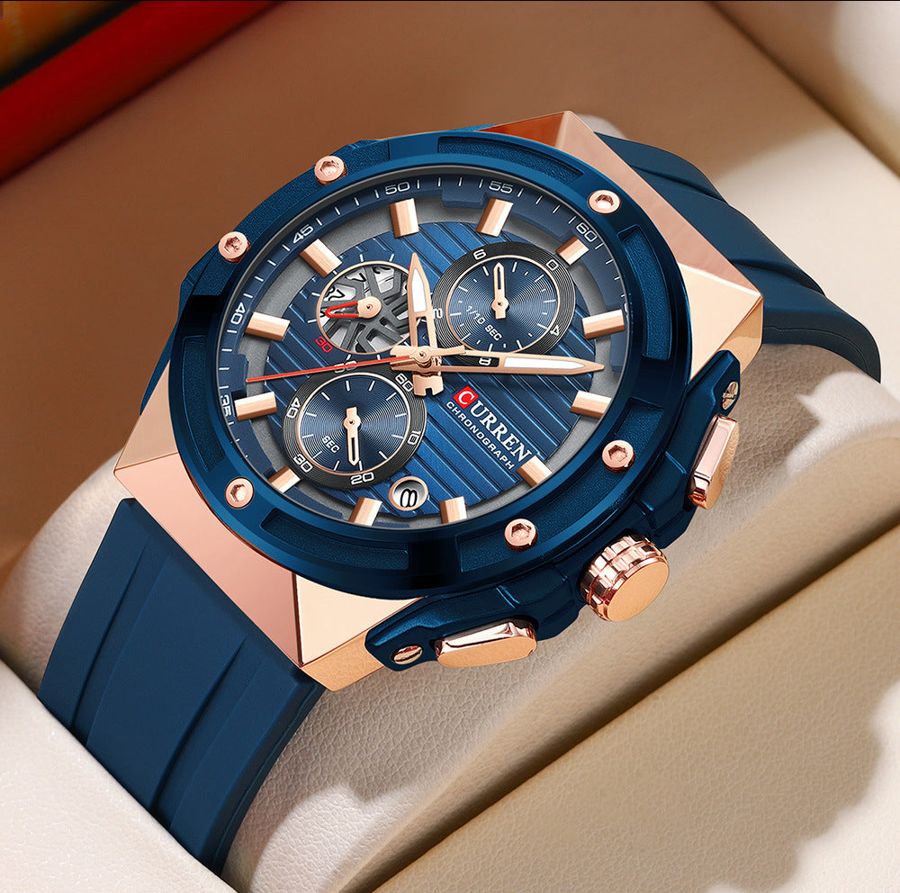 Men's R&G Boutique Six-pin Tape Quartz Watch with black dial and stainless steel strap, close-up view of watch face and band.