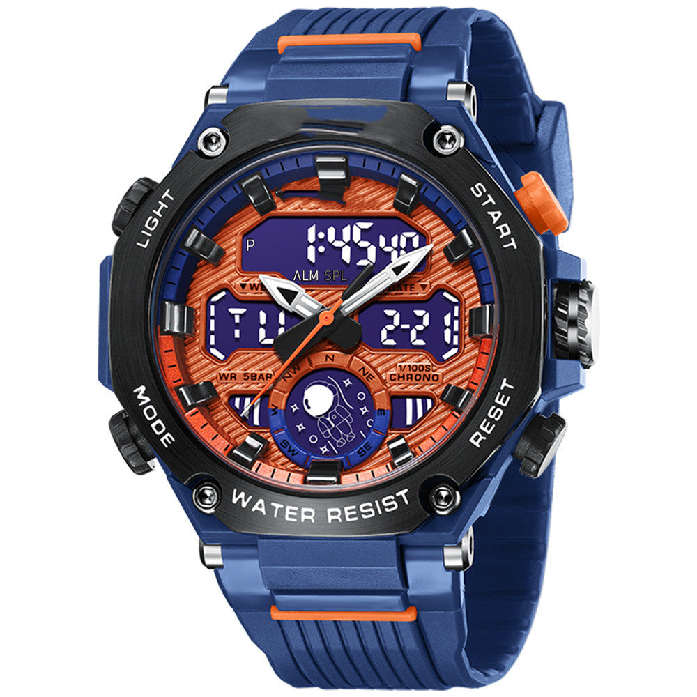 Men's casual alloy multifunctional watch with a black dial and silver-tone case, featuring multiple subdials and a leather strap.